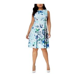 Calvin Klein Floral-Print Fit & Flare Dress Blue Sleeveless Modern Contemporary